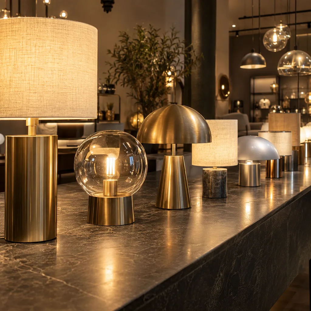 Architectural lighting fixtures arranged on a warm showroom table