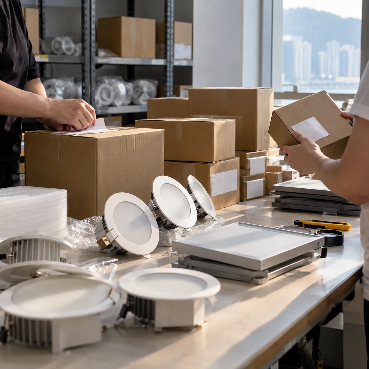 Lighting cartons and fixture units on a logistics worktable in Hong Kong