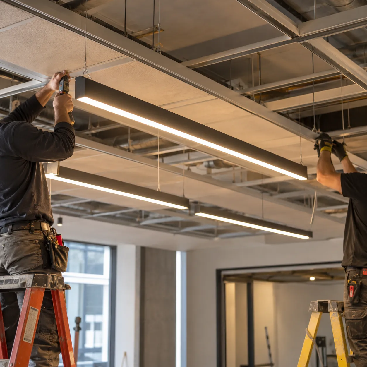 Commercial linear lighting installation aligned along an architectural ceiling grid